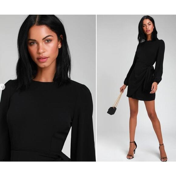 NWT Lulus Believe It or Knot Black Long Sleeve Tie-Front Skater Dress - Size S - Picture 1 of 7
